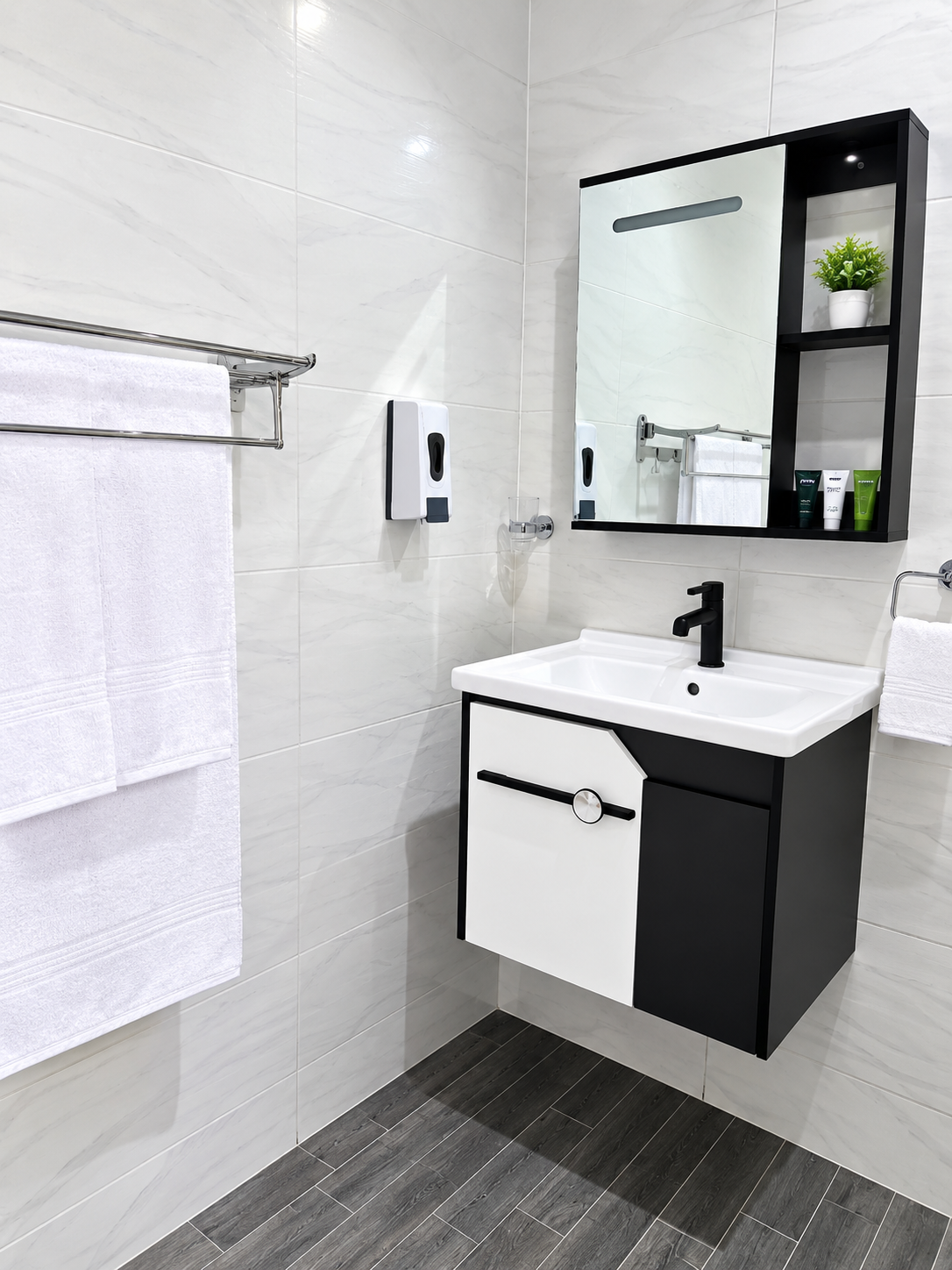 Bathroom vanity and tiled finishes