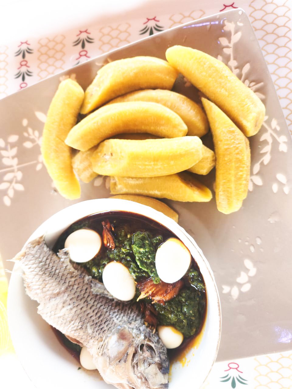 Plantain served with fish and stew